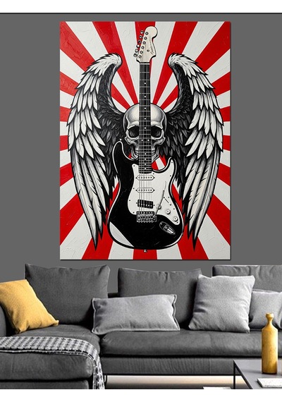 Kanatlı Kurukafa Ve Gitar Rock Konser Posteri Dekoratif Kanvas - Mdf Ahşap Tablo
