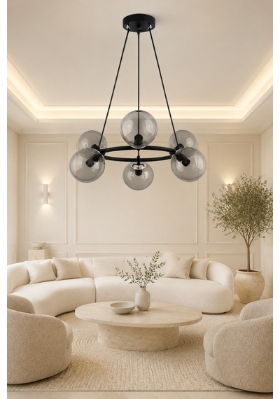 Focus 6'lı Siyah Renk Füme Rengi Glob Camlı Modern Sarkıt Avize Oturma Odası Salon Siyah Siyah
