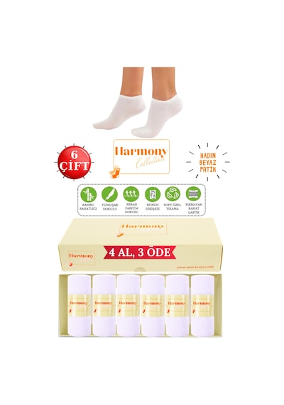 Harmony Collectıon Bambu Kadın Beyaz Patik 6 Çift Özel Kutulu Burun Dikişsiz, Premıum Socks Siyah Beyaz