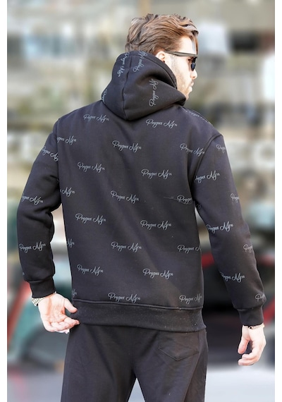 Madmext Siyah Baskılı Kapşonlu Cep Detaylı Erkek Sweatshirt 7075 Siyah