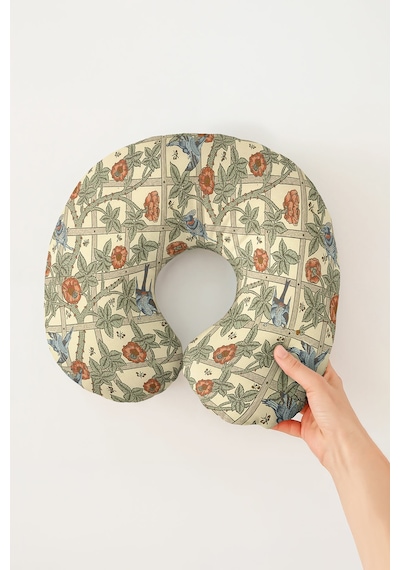 Vintage Çiçekli Kuşlu Ergonomik Boyun Yastığı - Doğal Krem Turuncu Yumuşak Seyahat Yastığı Çok Renkli