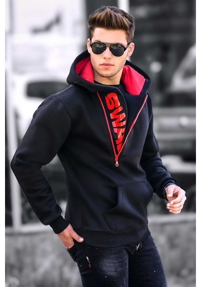 Madmext Siyah Fermuar Detaylı Kapüşonlu Sweatshirt 1767 Siyah