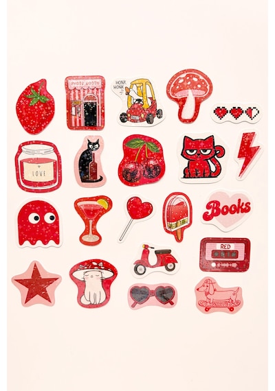 Kırmızı Renk Temalı Hologram Stickerlar 21 Adet Sticker Paketi Suya Dayanıklı Laptop Termos Telefon Etiket Seti