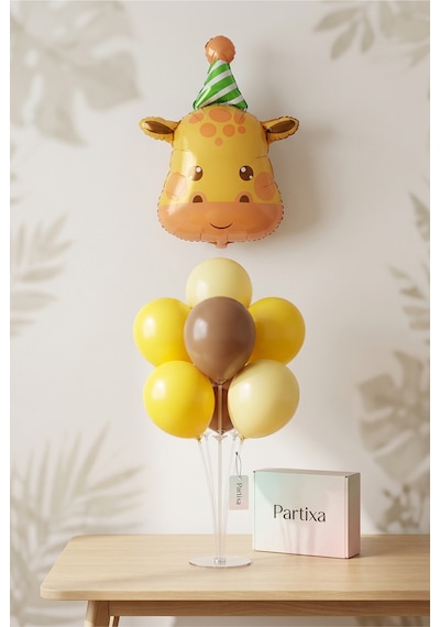 Şapkalı Safari Zürafa Kafa Balon Stand Seti Şeffaf 7 Li Stand + Şapkalı Zürafa Folyo Balon + 7 Lateks Balon
