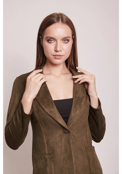 Süet Kumaş Cep Detaylı Düğmeli Şık Blazer Ceket-haki Haki