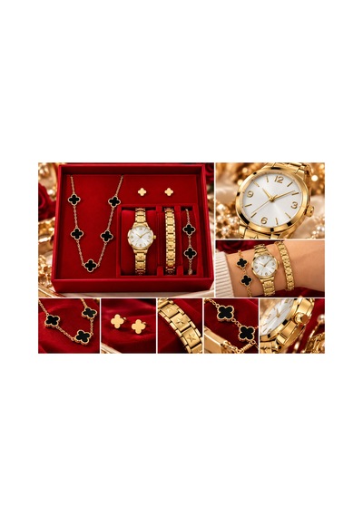 Saat,çelik Kolye,çelik Küpe,çelik Bileklik Seti Hediyelik Takım Set Kutulu Gold - 771114134 Altın