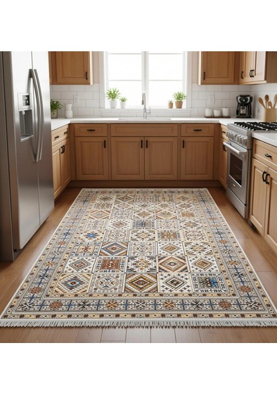 Renkli Etnik Desen Modern Halı Dekoratif Kilim Ekru