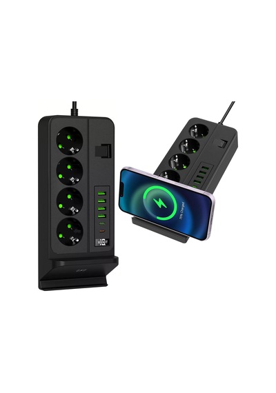Coverzone Dikey Çoklu Priz, 4 Schuko Priz, 4 Usb-a + 2 Usb-c, Magsafe İle Uyumlu Şarj, 3.4a Usb Çıkışı, Açma Kapama Anahtarlı, 2 Metre Kablolu Masaüstü Power Socket Siyah G12