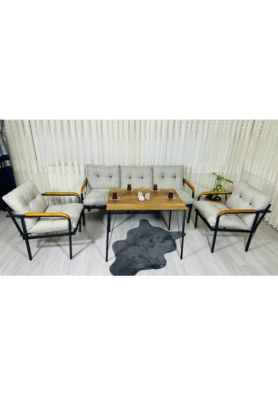 Madame Home Açelya Balkon, Bahçe, Cafe - Salon - Metal Kanepe Koltuk Takımı 3+1+1 + Masa Açık Gri