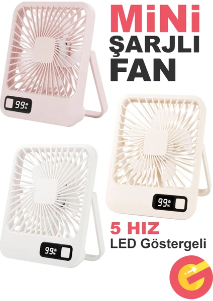 Güncelçarşı Şarjlı Sessiz Mini Fan Vantilatör, 1 Adet, 180 Ayarlanabilir, 5 Hız, Led Göstergeli, Type-c Şarj