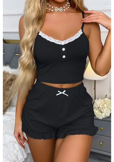 Merry See Dantelli Askılı Crop Üst Ve Fırfır Paça Mini Şortlu Pijama Takım Siyah