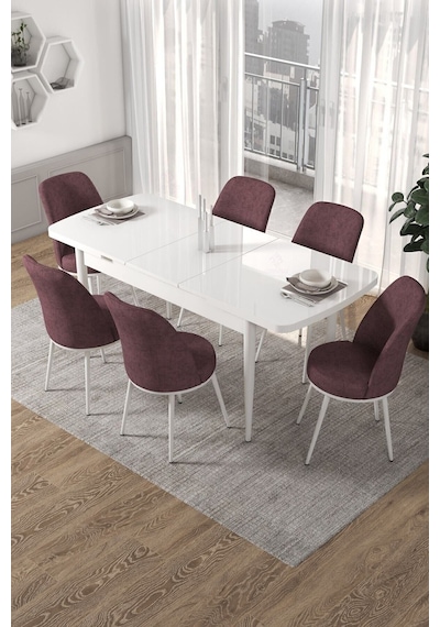 Canisa Concept Kor Serisi 70x114 Açılabilir Mutfak Masası Takımı Beyaz Masa 6 Gül Kurusu Sandalye Masa Beyaz Sandalyeler Gülkurusu