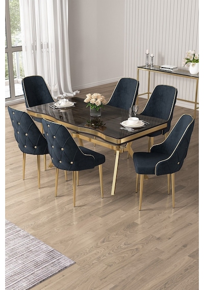Canisa Vae Serisi 90x160 Lak Panel Antrasit Ironi Gold Ayak Masa Takımı 6 Antrasit Sandalye Antrasit İroni Masa Antrasit Sandalye Ayaklar Gold