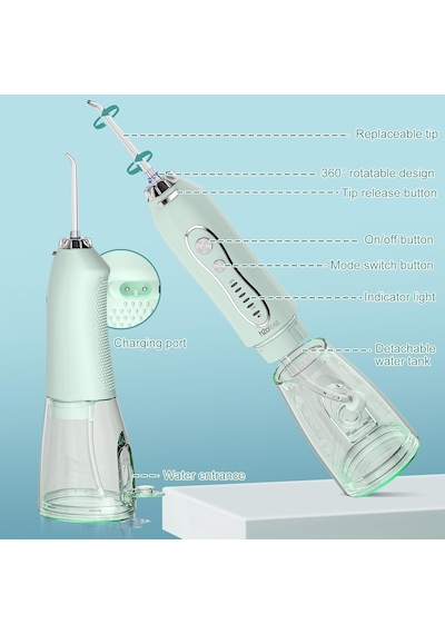 Şarjlı Kablosuz Ağız Duşu, Hızlı Ve Etkili Diş Arası Temizliği 300 Ml Su Hazneli, 5 Modlu, 6 Başlıklı, Ipx7 Su Geçirmez, Diş Taşı Temizliği Yeşil 46374118