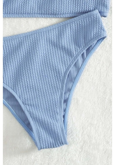 Angelsin Özel Fitilli Kumaş Yüksek Bel Tankini Bikini Takım Mavi