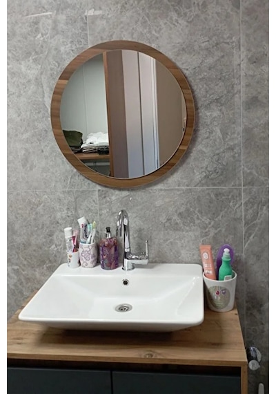 Dekoratik Yuvarlak Ayna 60 Cm Çap Antre Hol Koridor Duvar Salon Mutfak Banyo Ofis Makyaj Aynası - Ceviz Ceviz
