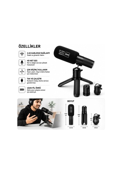 Lexroo S93 Kablosuz Masaüstü Kayıt Mikrofonu Tripod Standlı Siyah