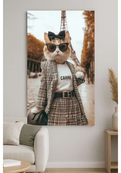 Paris Moda Kedisi Cam Tablo Şık Gözlüklü Ve Takımlı Sanat Tasarım