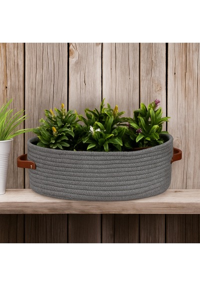 Mavaux Doğal Hasır Görünümlü 15x33x10 Çok Amaçlı Sepet Deri Saplı, Dekoratif Ve Fonksiyonel Organizer Gri