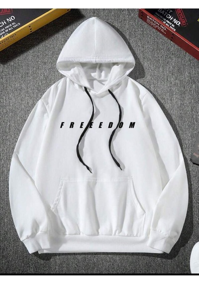 Unisex Oversize Beyaz Brooklyn Freedom Baskılı Sweatshirt Kapüşonlu Hoodie Beyaz