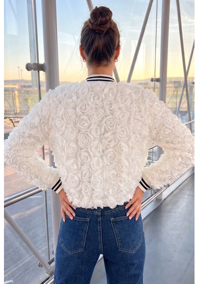 Weshaya New Collection Kadın Yeni Sezon, Beyaz, Gül Süzüneli, Fermuarlı Ceket Mont