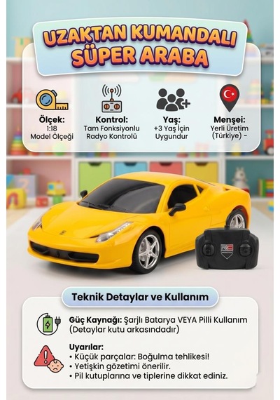 Uzaktan Kumandalı Süper Araba 1:18 Ölçekli 4 Fonksiyonlu Radyo Kontrol Sistemli Oyuncak Araba Sarı