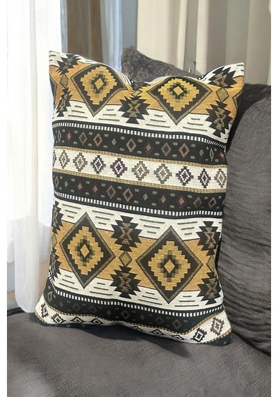 Kilim Desenli Kırlent Yüzü, Bohem Punch Kırlent Kılıfı, Nostaljik Desen Kırlent 45x45cm Sarı