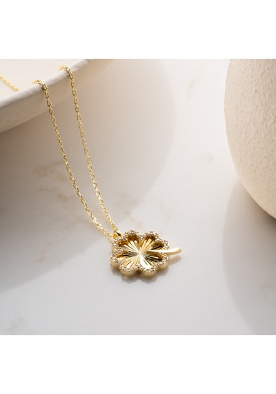 Vaoov 925 Ayar Gümüş Dokulu Ve Taşlı Yonca Kolye Gold