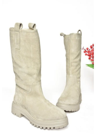 Fox Shoes R555267002 Bej Hakiki Deri Süet Kadın Çizme Bej