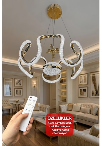 Eliza Tek Top Simli Modern Sarkıt Oturma & Salon Led Avizesi Gold