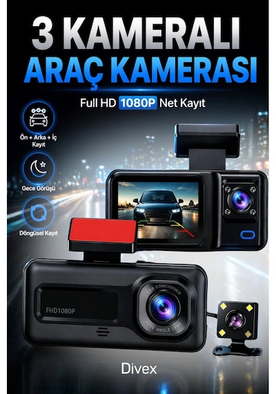 1080p Hd 3 Kameralı Araç Kamerası Ön Arka İç Kayıt Ve Park Destekli Gece Görüşlü