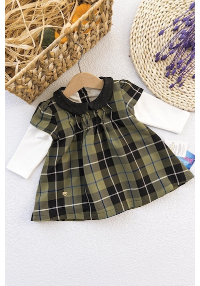 Babymod Ekose Desenli Kız Bebek Elbise Haki