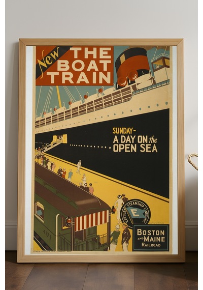 Boat Train Doğal Ahşap Çerçeveli Poster, Dekoratif Seyahat Duvar Tablosu