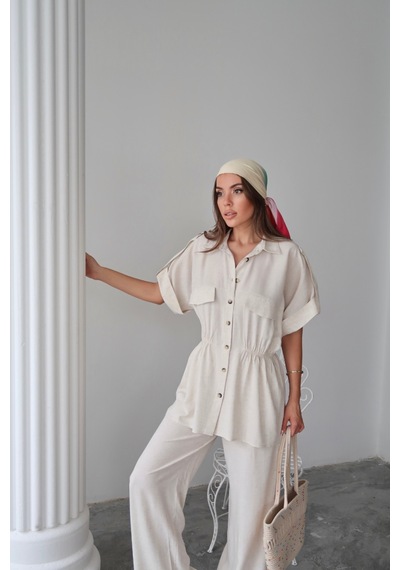 Moderie Butik Keten Belden Büzgü Detaylı Gömlek - Pantolon Takım - Taş Altın