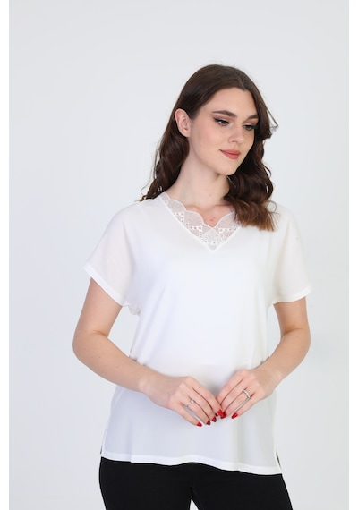 Ella Camelia Kadın Yakası Dantel Detaylı Bluz 20E020 Ekru