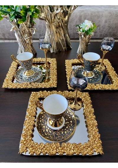 Atabey Home Collection 4 Adet Kahve & Çay & Sunum Tepsisi Metal Döküm Full Döküm Model