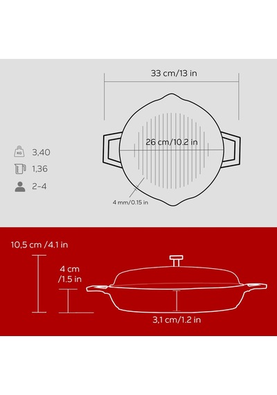 Lava Döküm Yuvarlak Izgara Tavası Cam Kapaklı Döküm Demir Yekpare Çift Kulplu Çap Ø 26cm.