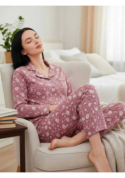 Süet Gömlek Pijama Takımı 7008 Doğa Desen Pudra Pudra