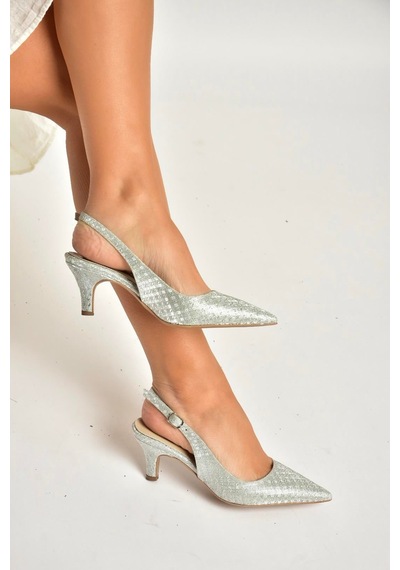 Fox Shoes Y572471514 Gümüş Sim Alçak Topuklu Kadın Abiye Ayakkabı Gümüş