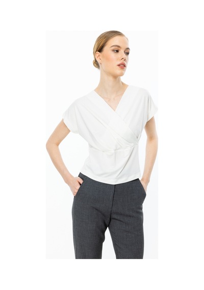 On Minimalist V Yaka Crop Bluz - Kısa Kol - Günlük Ekru