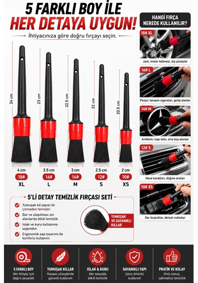 5'li Araba Detay Temizlik Fırçası Set Oto İç Dış Temizlik Hava Kanalı Jant Konsol Temizleme Fırçası