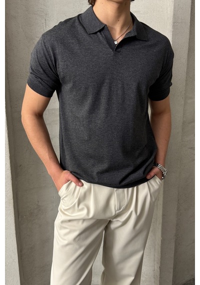 Erkek Oversize Pamuklu Polo Yaka Triko T-shirt Antrasit