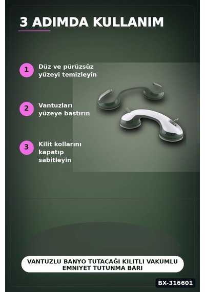Vantuzlu Banyo Tutacağı Kilitli Vakumlu Emniyet Tutunma Barı 1 Adet Bx-316601 Çok renkli