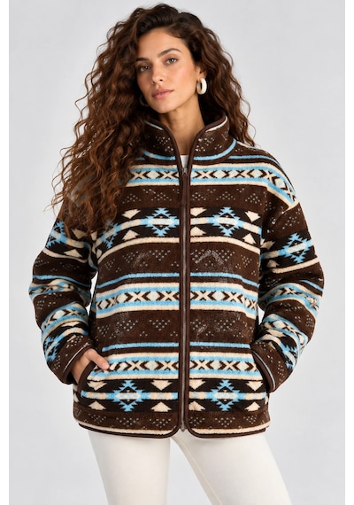 Mevese Desenli Dik Yaka Cepli Biyeli Kadın Polar Sweatshirt - Kahverengi-mavi