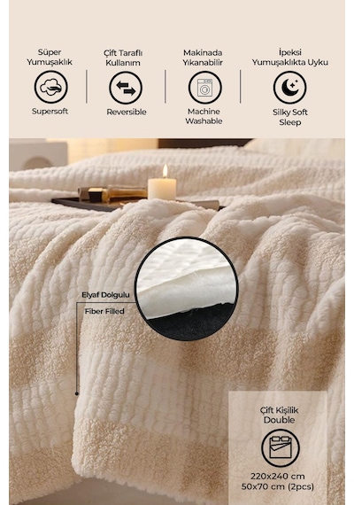 Evlen Home Çift Taraflı Kişilik Kürk Yorgan Dolgulu Peluş Yumuşak Wellsoft Yatak Örtüsü 3 Parça Set Aura Krem