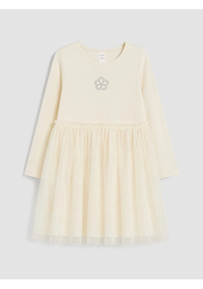LC Waikiki Lcw Kids Ekru Taş İşlemeli Bisiklet Yaka Tül Detaylı Kız Çocuk Elbise Cream