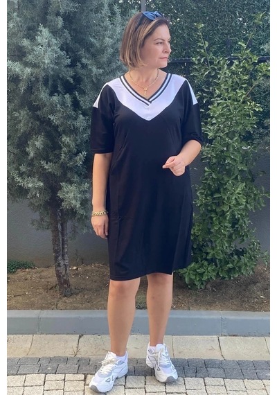 Mia Butik Büyük Beden Lina V Yaka Elbise Siyah