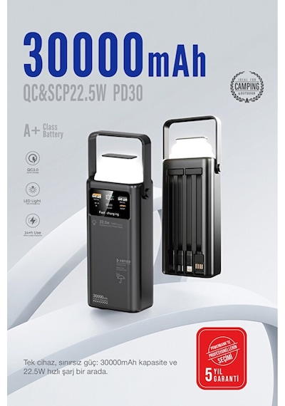 30.000 Mah Outdoor Led Işıklı Hızlı Şarj Powerbank Usb-c & Çoklu Cihaz Desteği siyah