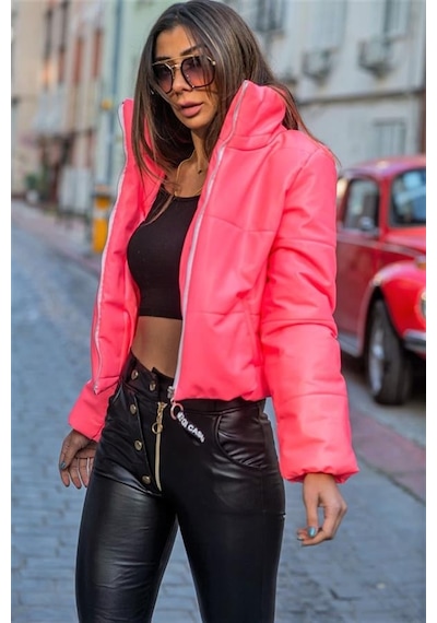 Pembe Dik Yaka Kısa Deri Şişme Mont