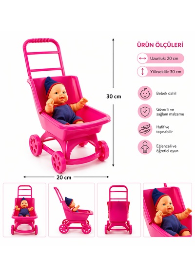 Mini Pembe Oyuncak Bebek Arabası Bebek Dahil 30 Cm 002